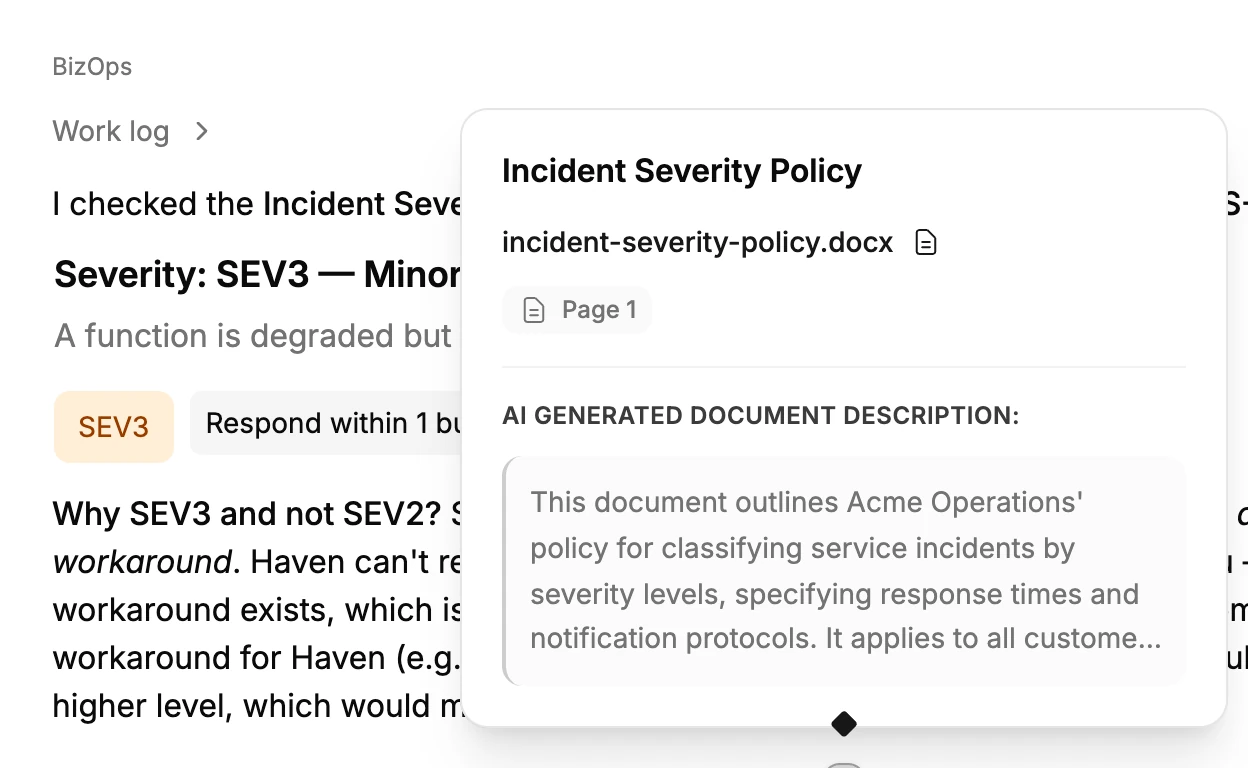 Answer classifying an incident as SEV3 with a citation to the incident severity policy