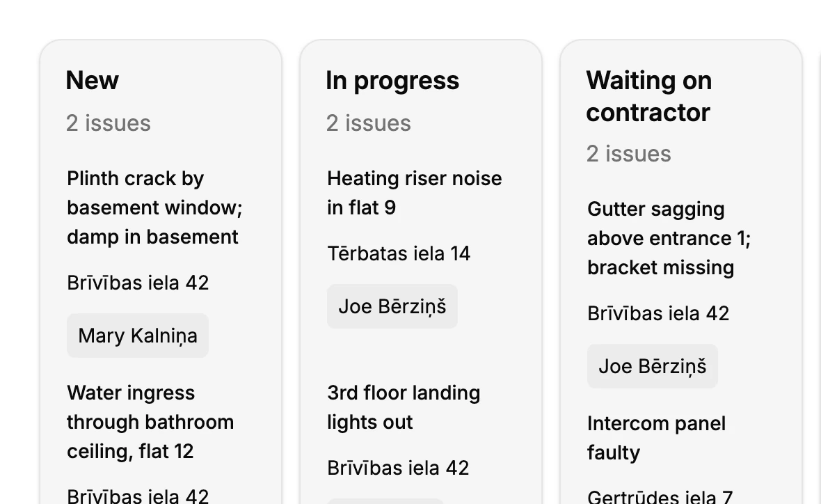 Building issues as a kanban board with New, In progress and Waiting on contractor columns, each issue with its owner