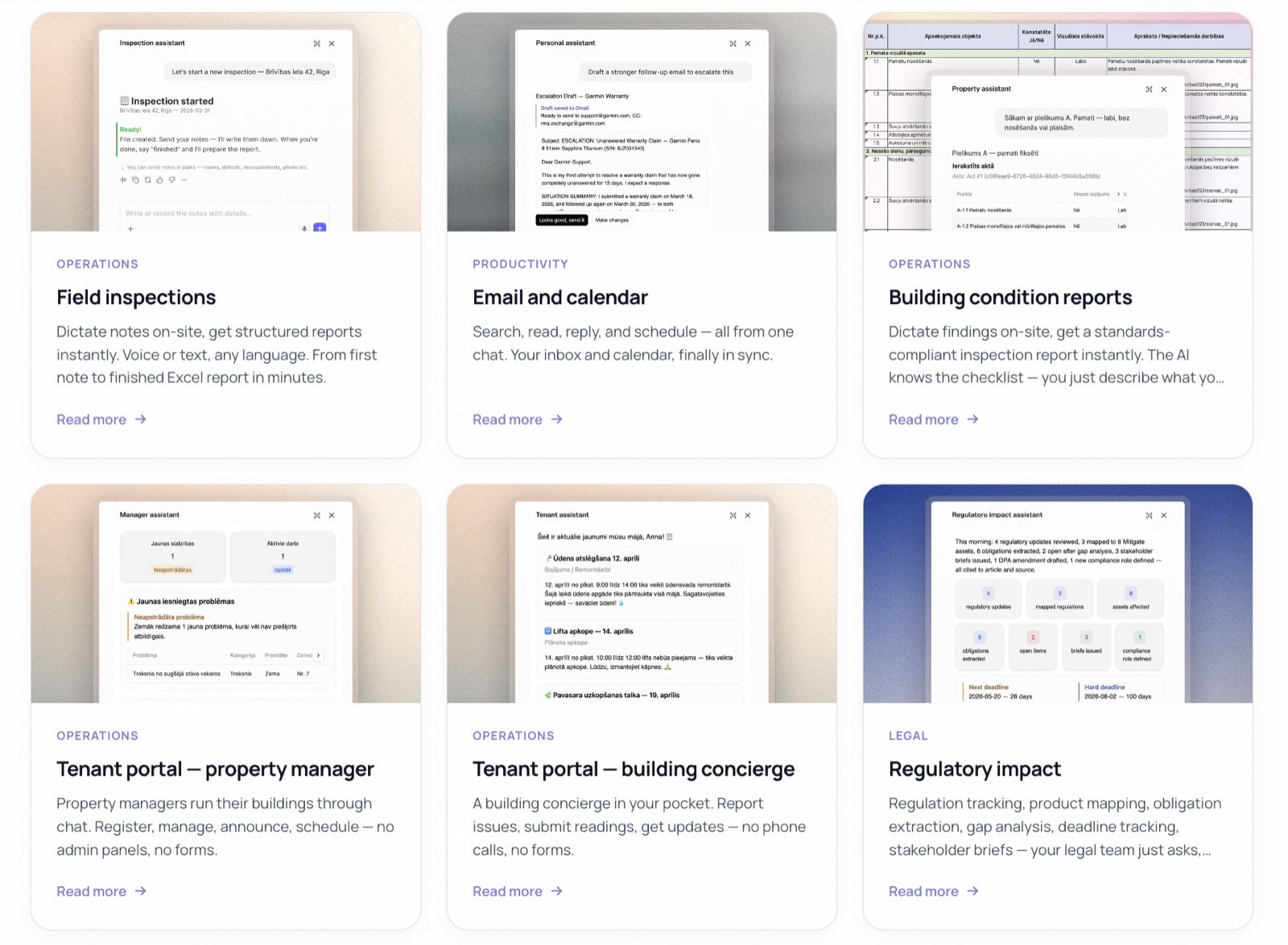 Use-case cards on ai.mitigate.dev — field inspections, email and calendar, building condition reports, tenant portals, and regulatory impact