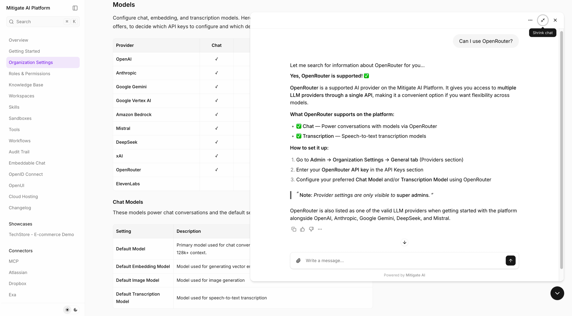 Mitigate AI Platform documentation showing the provider table — OpenAI, Anthropic, Google Gemini, Vertex AI, Amazon Bedrock, Mistral, DeepSeek, xAI, OpenRouter — with the docs assistant confirming OpenRouter support