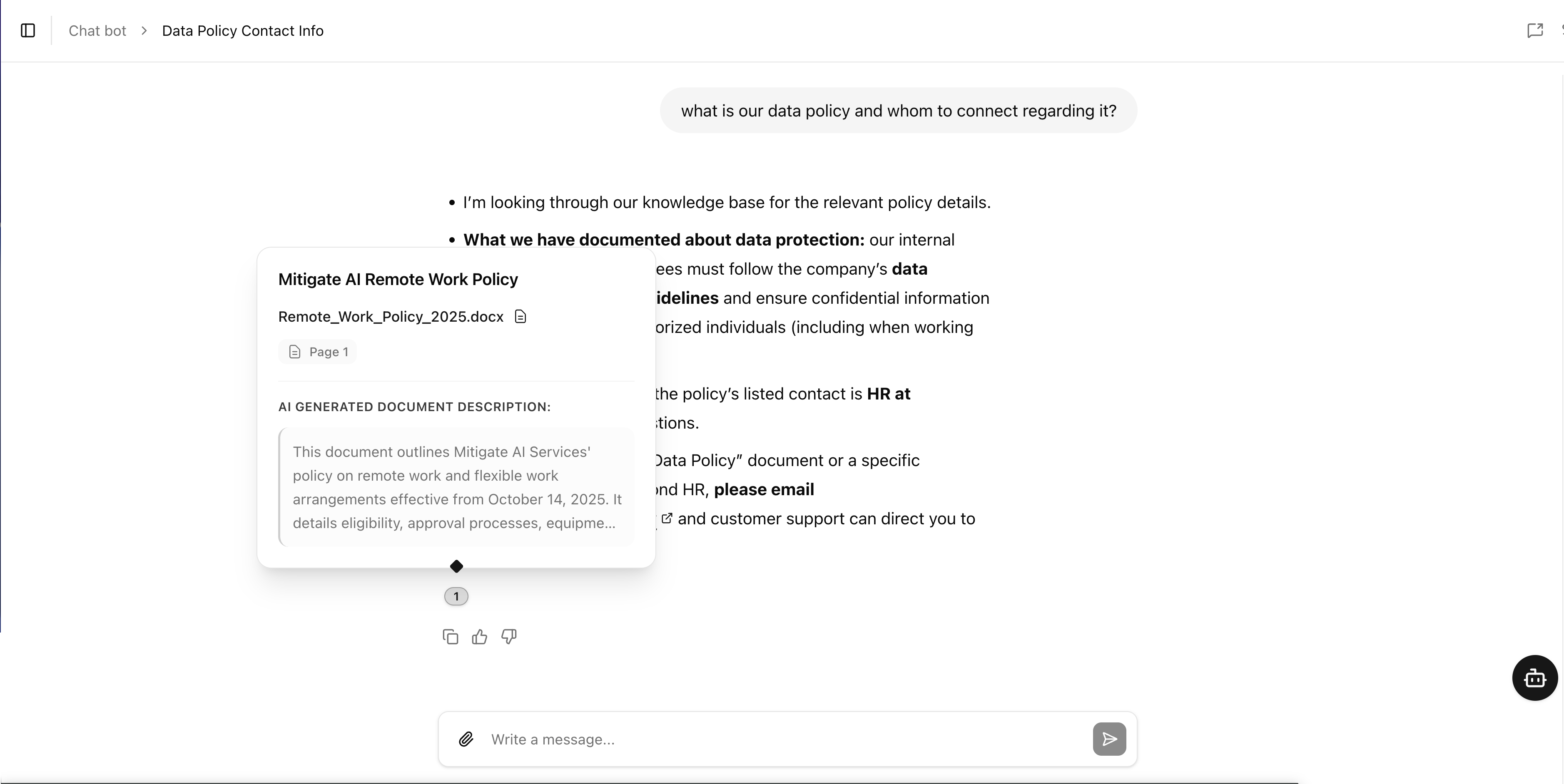 Mitigate AI assistant answering a data-policy question with an inline citation showing the source document (Remote_Work_Policy_2025.docx, Page 1) and an AI-generated description of that document