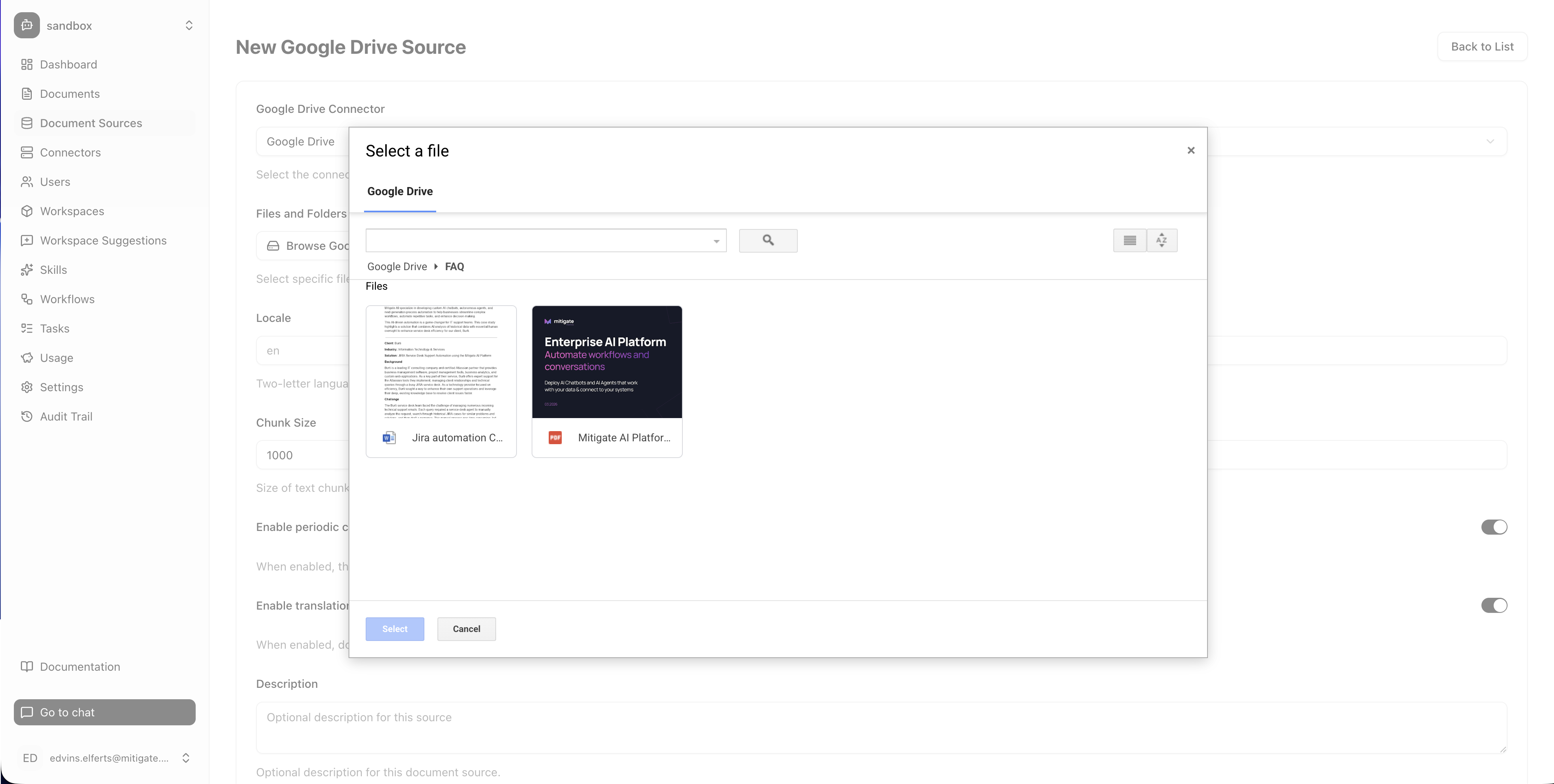 The Mitigate AI knowledge base connecting to Google Drive — the file picker shows actual Drive folders and files ready to be imported, with controls for chunk size, periodic crawling, and translation