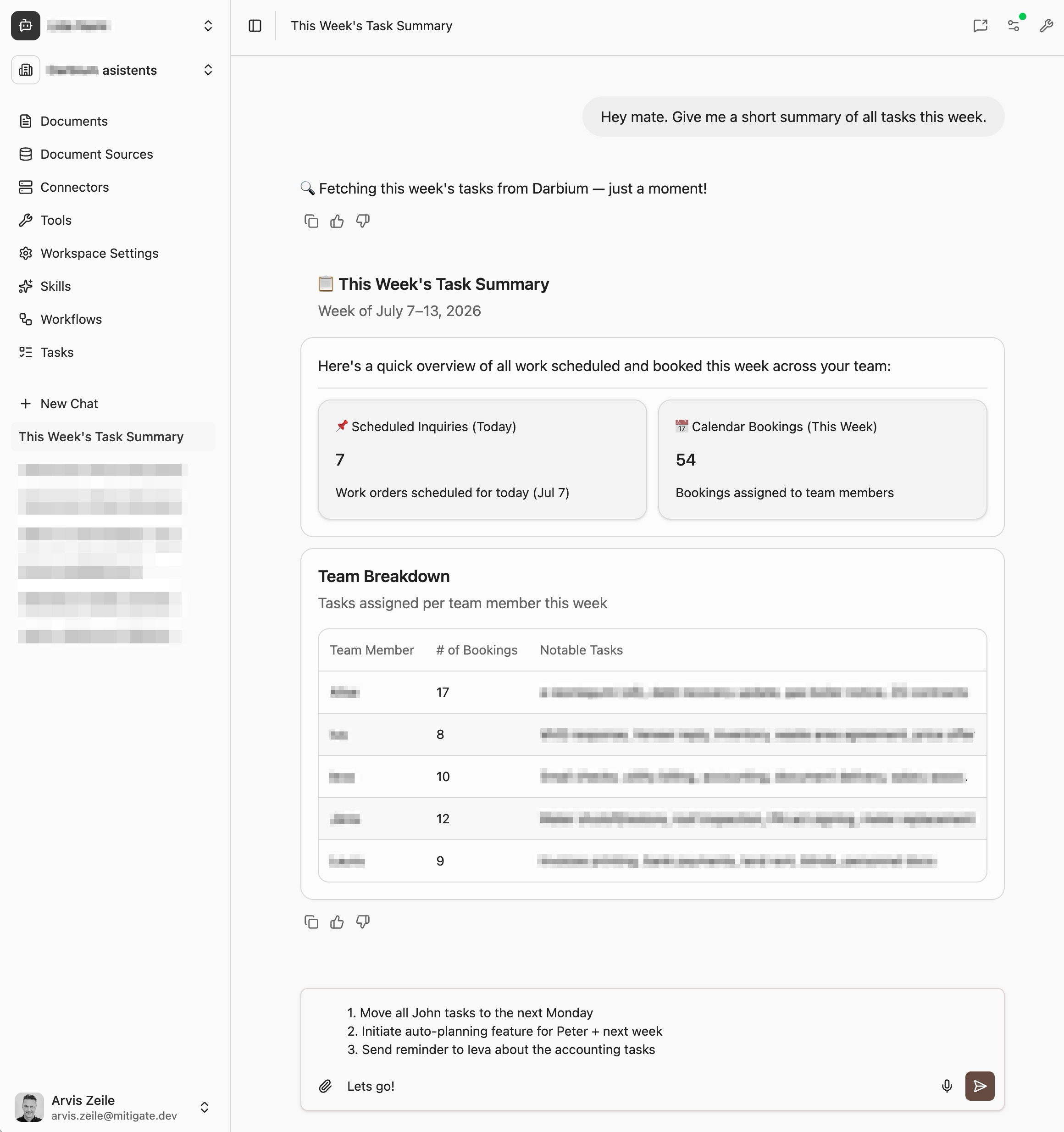 AI assistant summarizing weekly tasks, calendar bookings, and team workload from legacy operational software