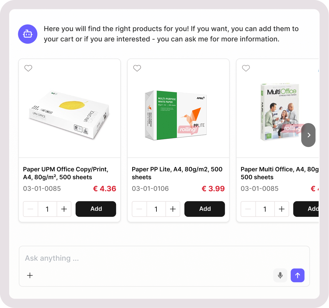 E-commerce agent showing product catalog, cart, and chat input