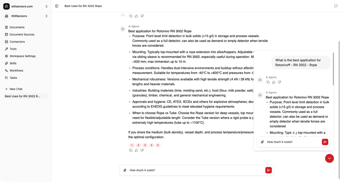 The Mitigate AI Platform workspace showing the agent's full answer about the Rotonivo RN 3002 rope sensor with numbered source citations