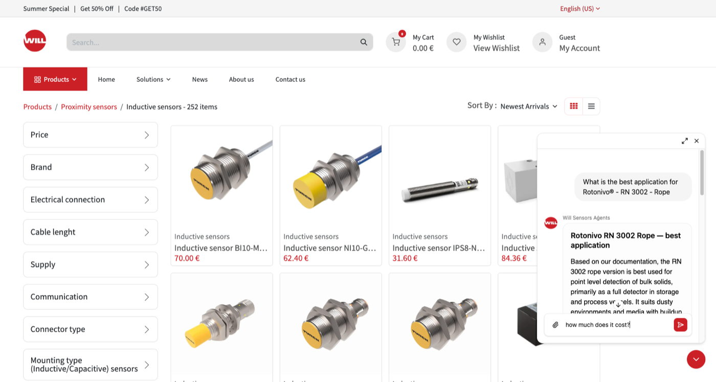 The WILL Sensors online store with the assistant answering a question about the best application for a Rotonivo RN 3002 rope level sensor